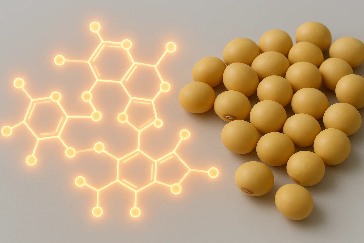 신선한 콩과 함께 이소플라본의 영양학적 구조를 시각적으로 표현한 모습입니다.