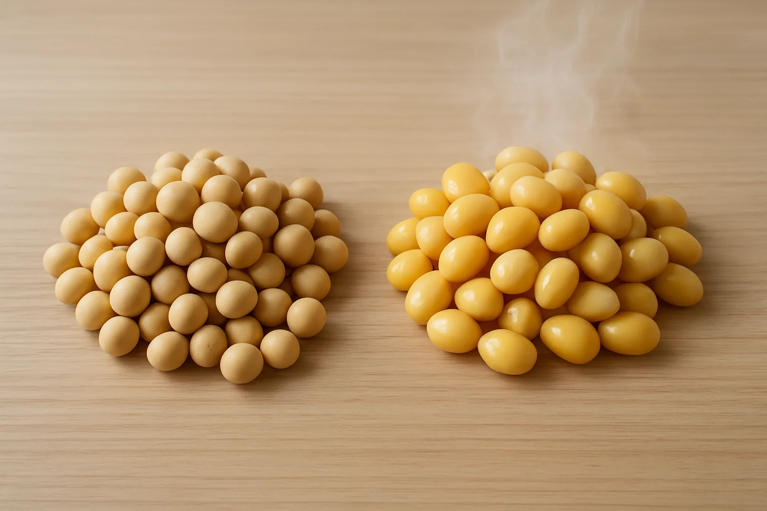 단백질 흡수율이 높아지는 열처리 전후의 콩 단백질 분자 구조 변화를 보여주는 직관적인 설명입니다.