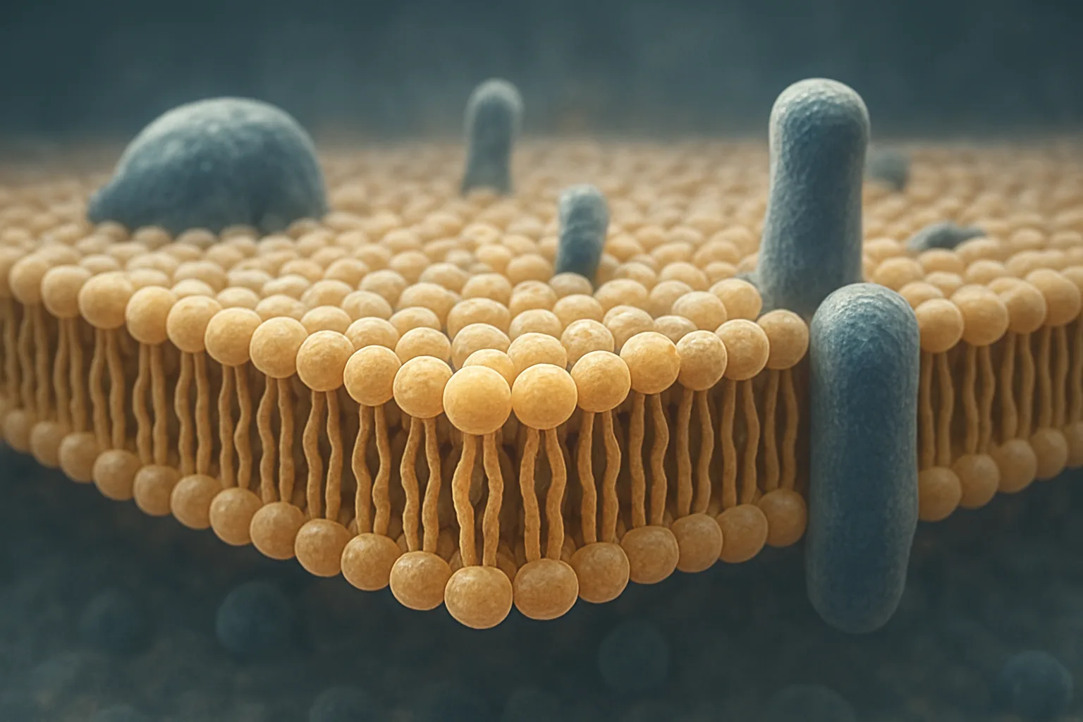 불포화지방산이 촘촘하게 결합되어 유연하게 기능하는 건강한 세포막의 미세 구조 모습입니다.