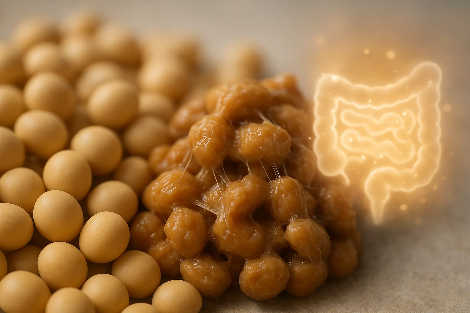 발효콩과 장내 유익균의 상호작용을 나타낸 건강 개념 이미지