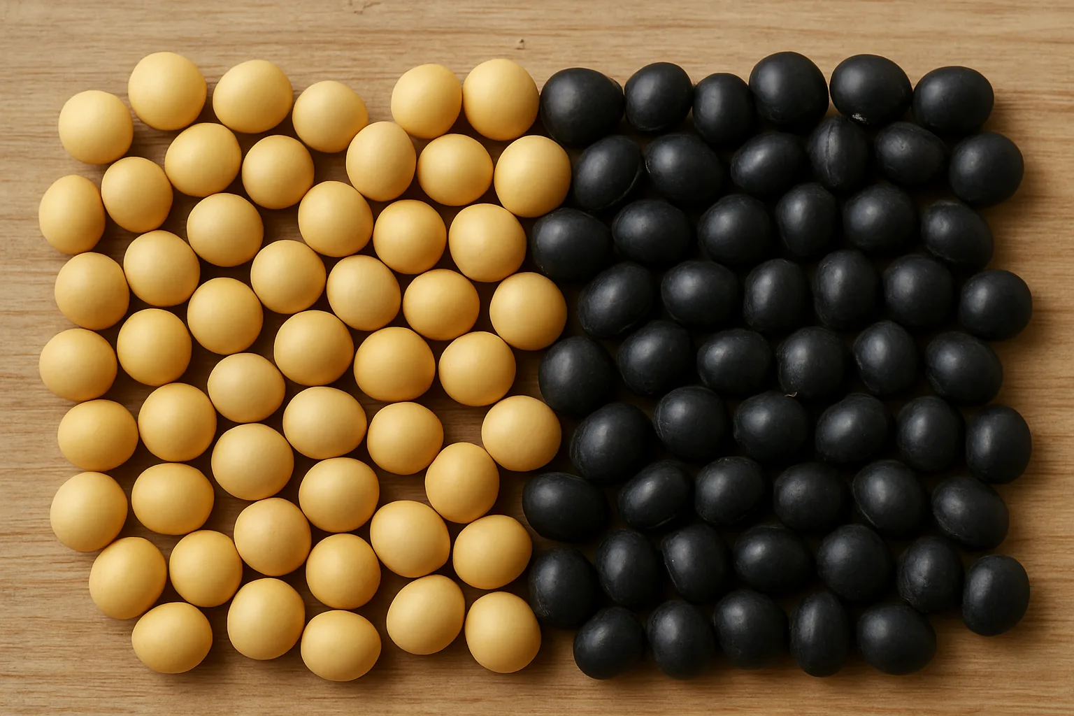 나무 테이블 위에 노란 대두와 검은콩이 반씩 나뉘어 정갈하게 놓여 있습니다.