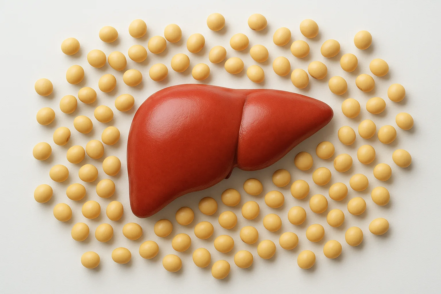신선한 콩 성분이 건강한 간 기능 유지와 대사에 도움을 주는 과정을 시각화했습니다.