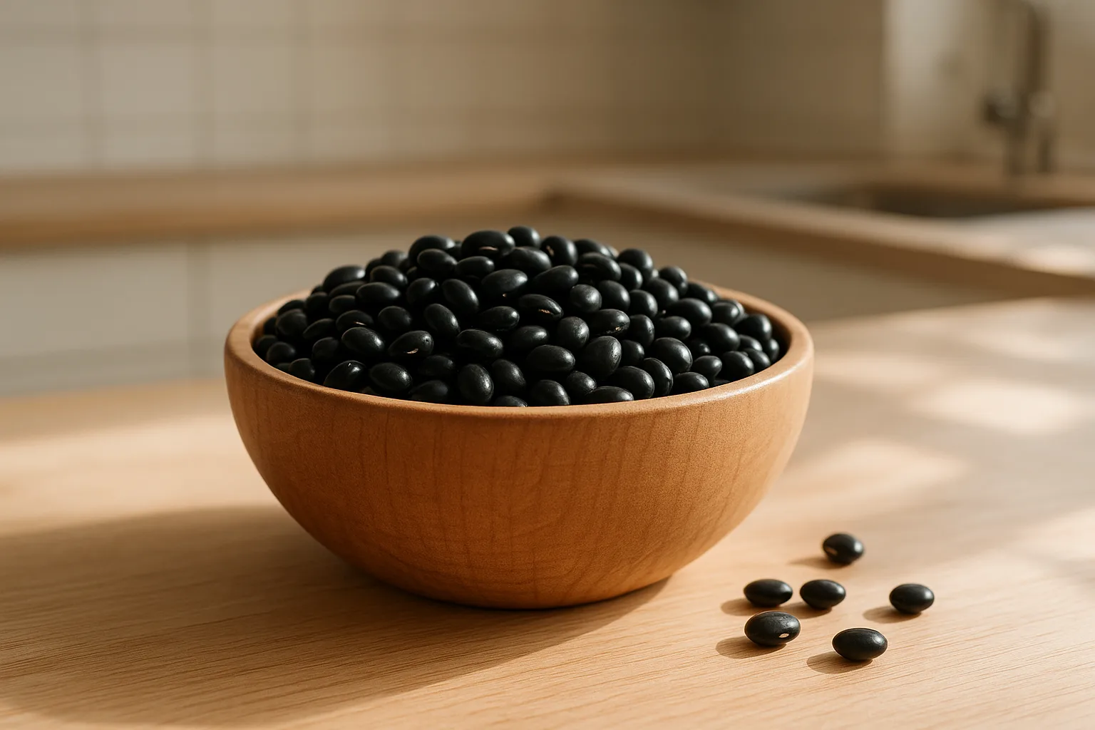 검은콩에 포함된 풍부한 이소플라본과 영양 성분을 상징적으로 보여주는 신선한 그릇의 모습입니다.