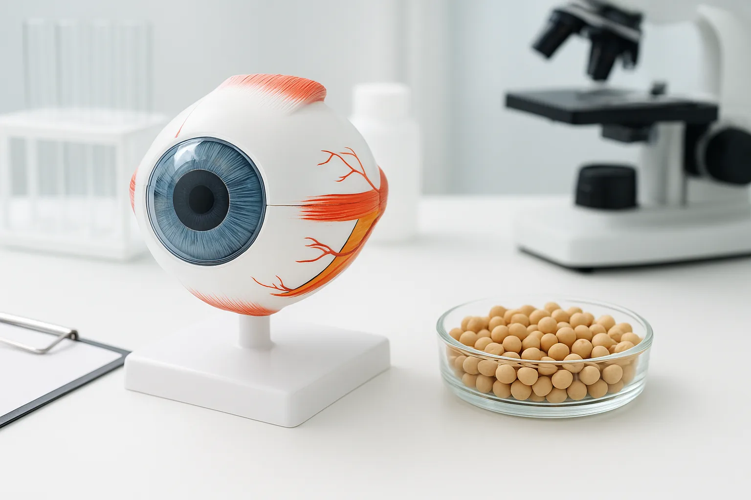현대적인 연구실 환경에서 안구 구조 모형과 생콩이 함께 놓여 있는 모습입니다.