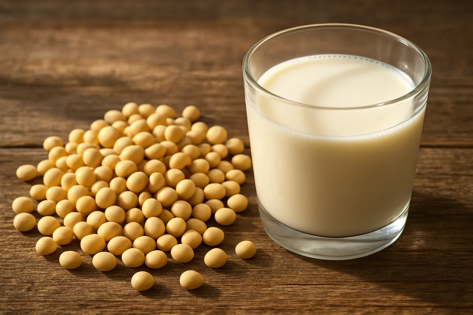 신선한 노란 콩과 뽀얀 두유가 유리잔에 담겨 있는 모습으로 원액의 중요성을 보여줍니다.