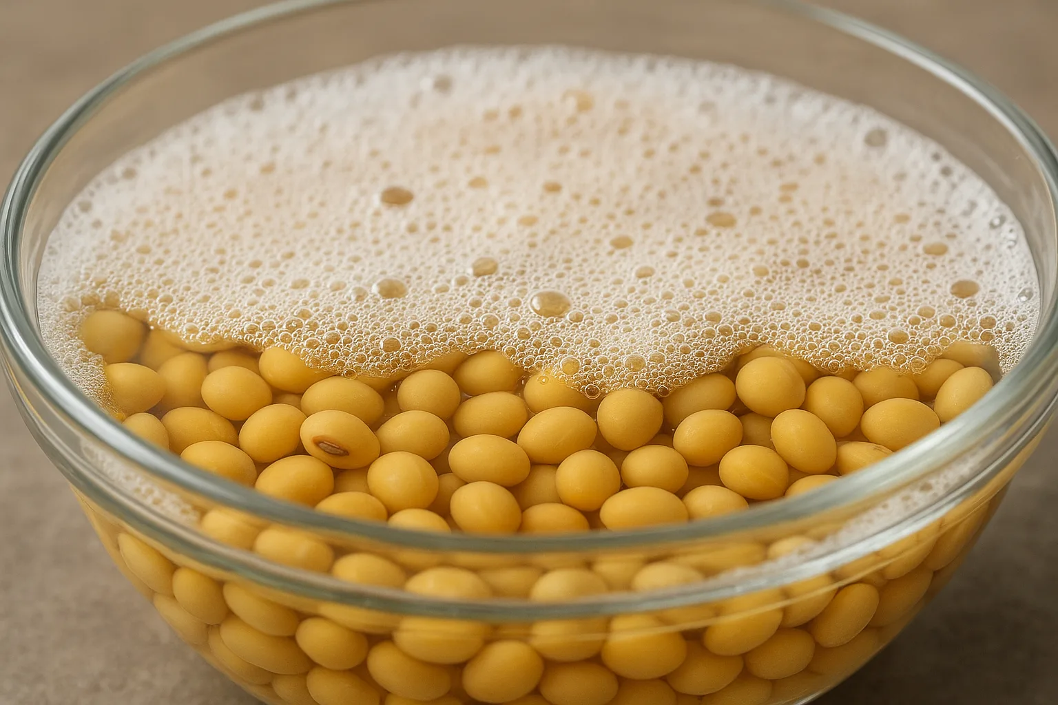 투명한 유리 볼에 물과 함께 불려진 노란 콩 표면에 형성된 하얀 거품의 모습
