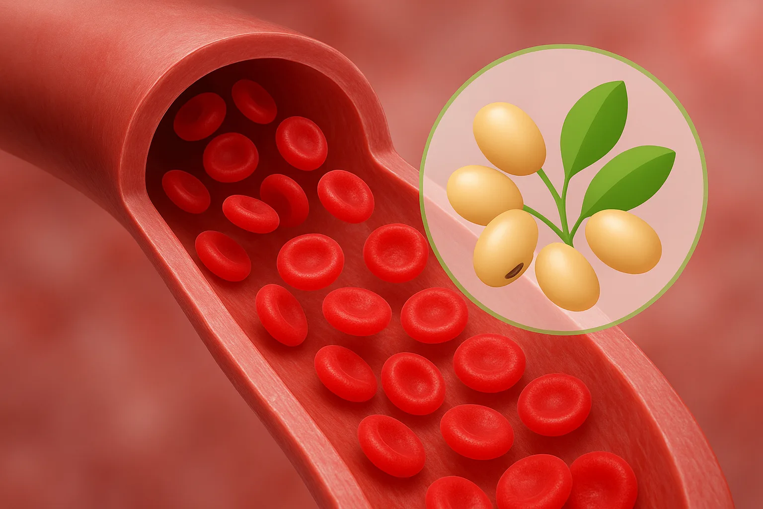 콩 단백질 성분이 혈류를 타고 이동하며 혈관 내 나쁜 콜레스테롤 수치를 개선하는 원리를 표현한 그래픽입니다.