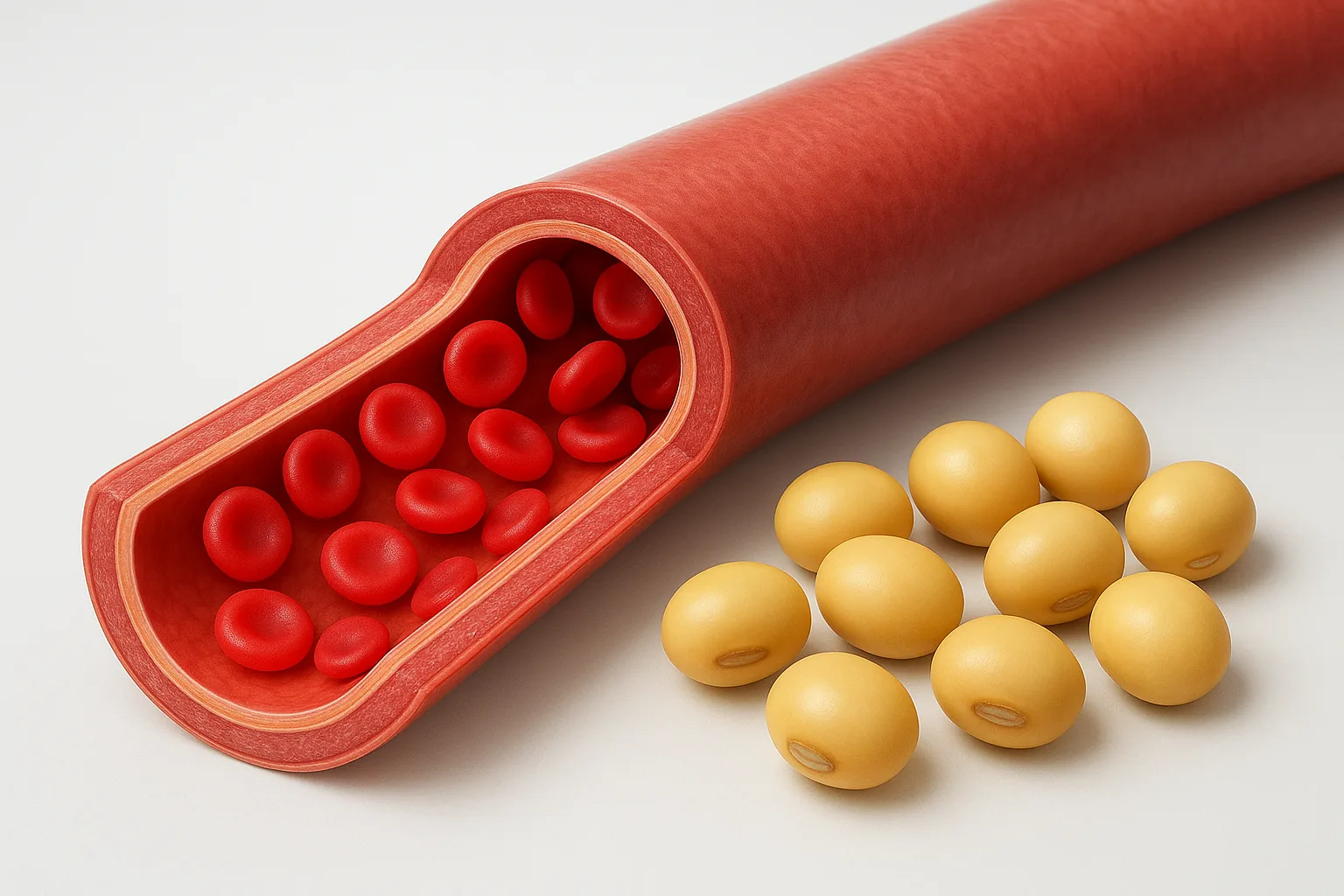 맑고 깨끗하게 유지되는 혈관의 단면과 신선한 대두가 함께 배치된 모습입니다.