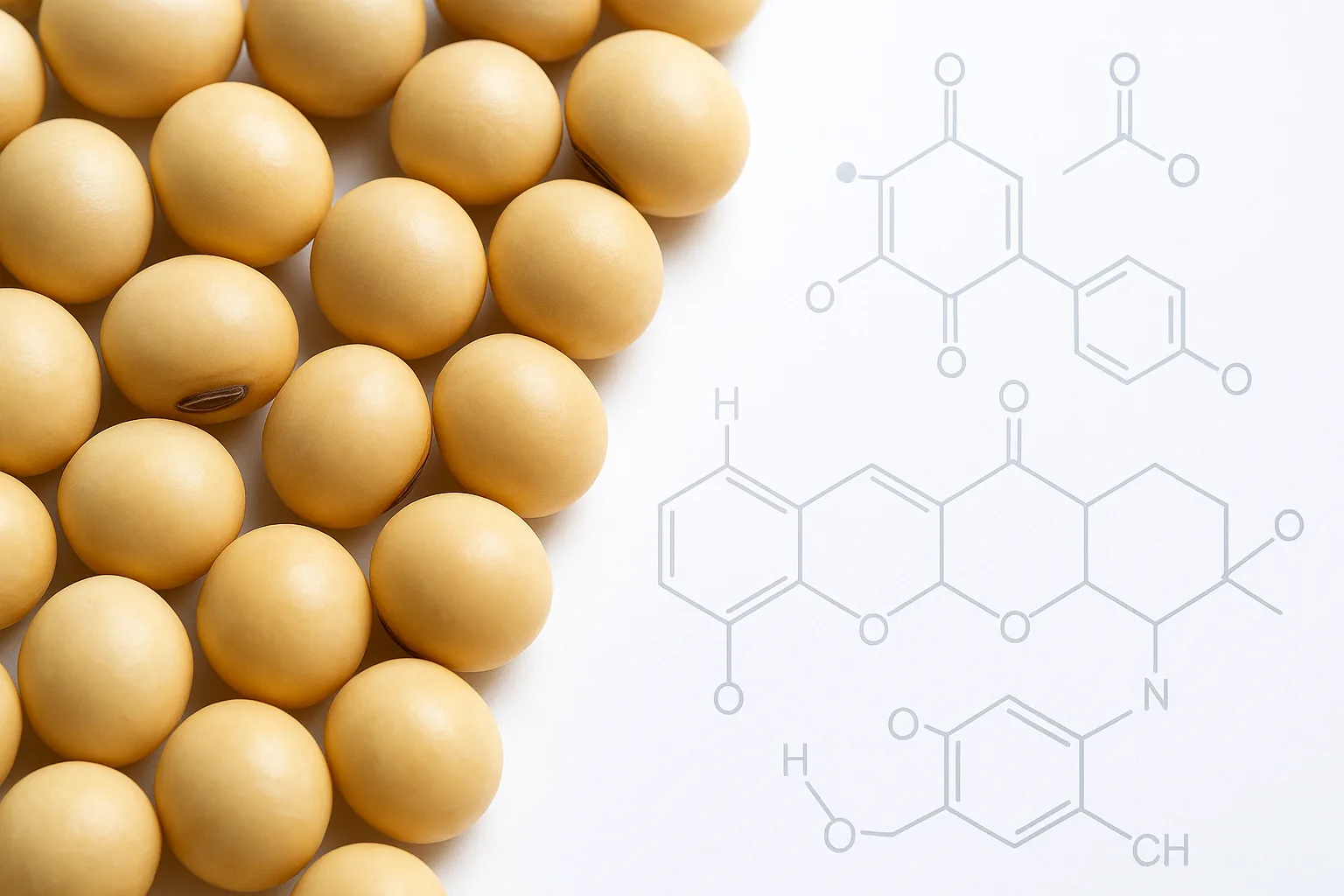 다양한 종류의 콩이 영양소 구조를 연상하게 하는 형태로 정갈하게 배열된 모습입니다.