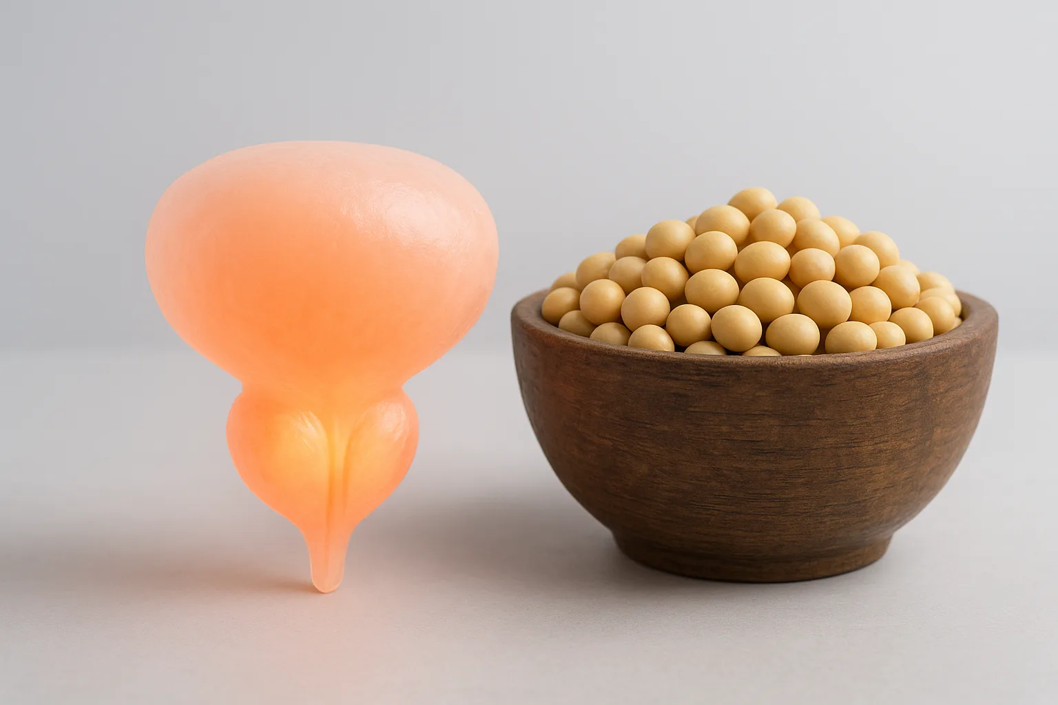 남성의 전립선 건강과 콩의 식물성 성분 간의 긍정적인 연관성을 보여주는 해부학적 개념 요소.