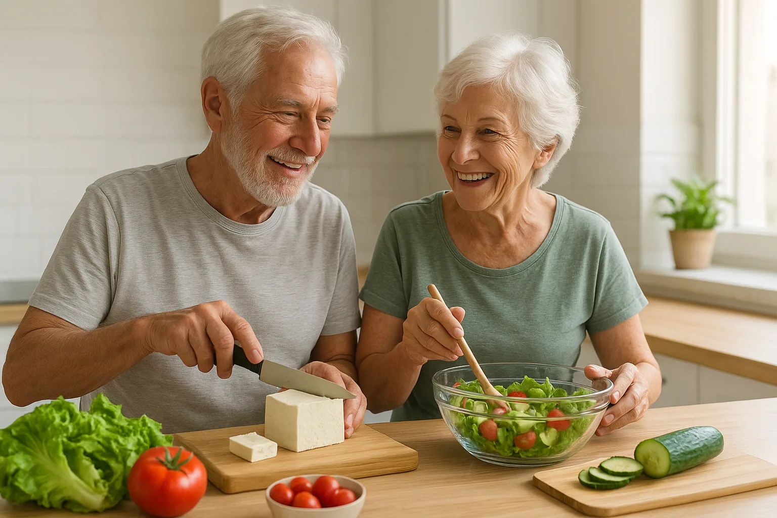 활기찬 노부부가 신선한 두부와 채소를 활용해 건강한 식단을 준비하고 있습니다.