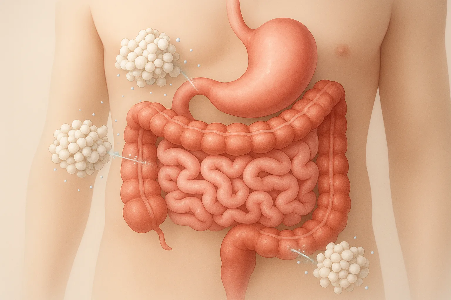 소화 효소에 분해되지 않고 대장에 도달하여 유익균의 먹이가 되는 저항성 전분의 체내 이동 과정을 보여주는 구조적 묘사입니다.