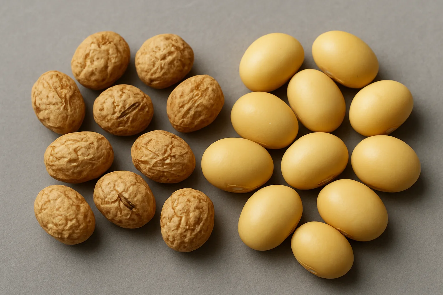 질감이 거칠어진 마른 콩과 표면이 매끄러운 콩을 나란히 배치하여 수분 차이를 시각적으로 보여줍니다.