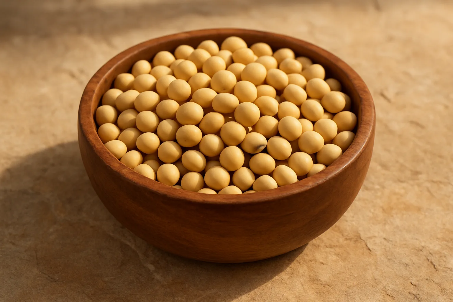 따뜻한 햇빛 아래 나무 그릇에 담긴 신선한 콩이 자연의 안정감을 보여줍니다.