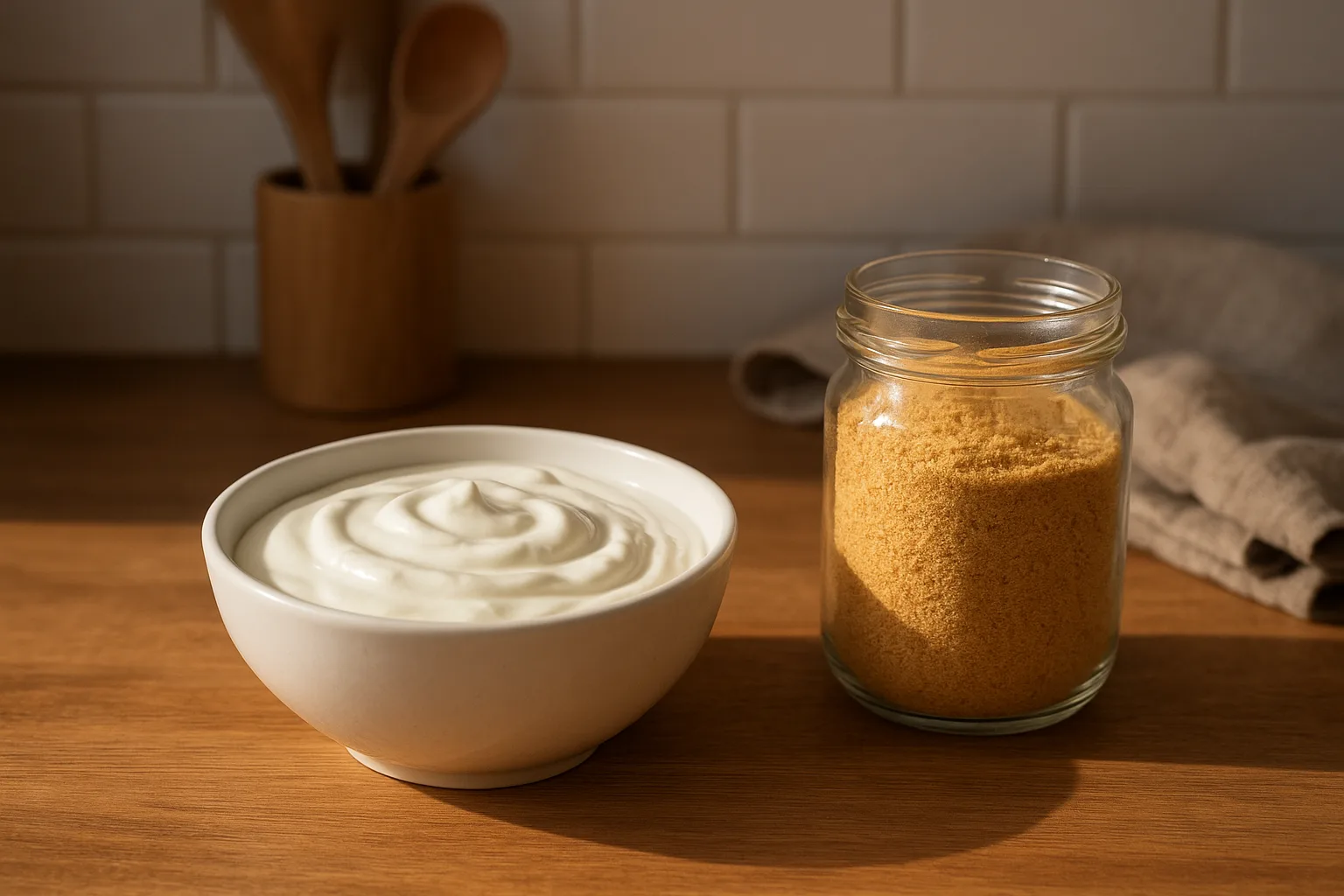 신선한 플레인 요거트와 노란 콩가루가 나무 식탁 위에 정갈하게 놓여 있는 모습입니다.