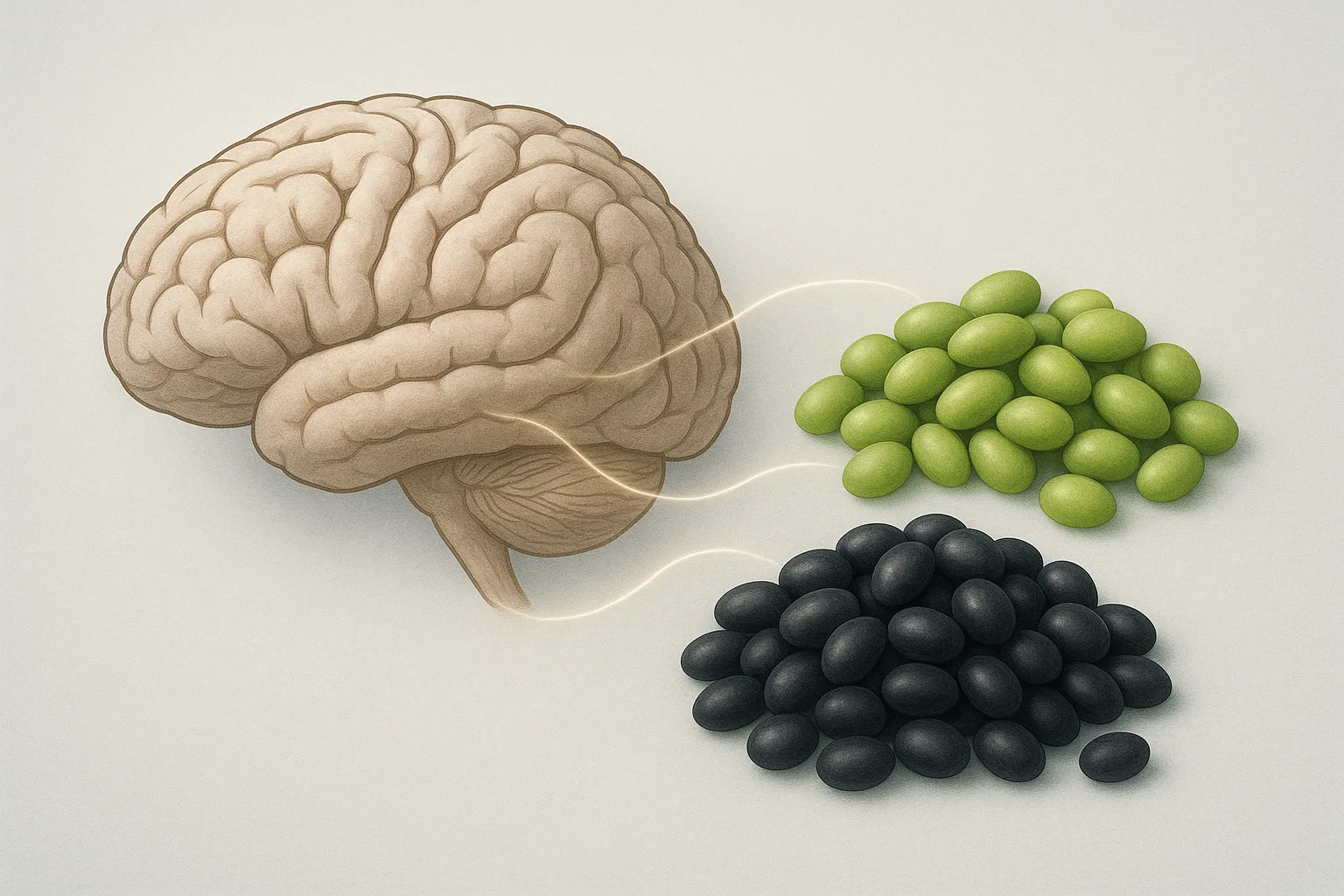 콩의 영양소인 레시틴이 뇌의 신경 전달 과정을 돕는 원리를 나타낸 과학적 개념 이미지입니다.
