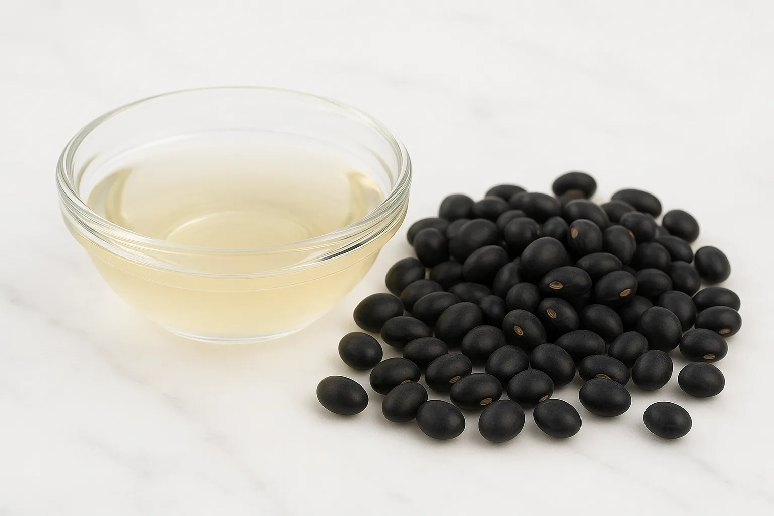 식초와 검은콩의 영양 성분 상호작용을 보여주는 맑은 식초와 신선한 콩의 모습입니다.