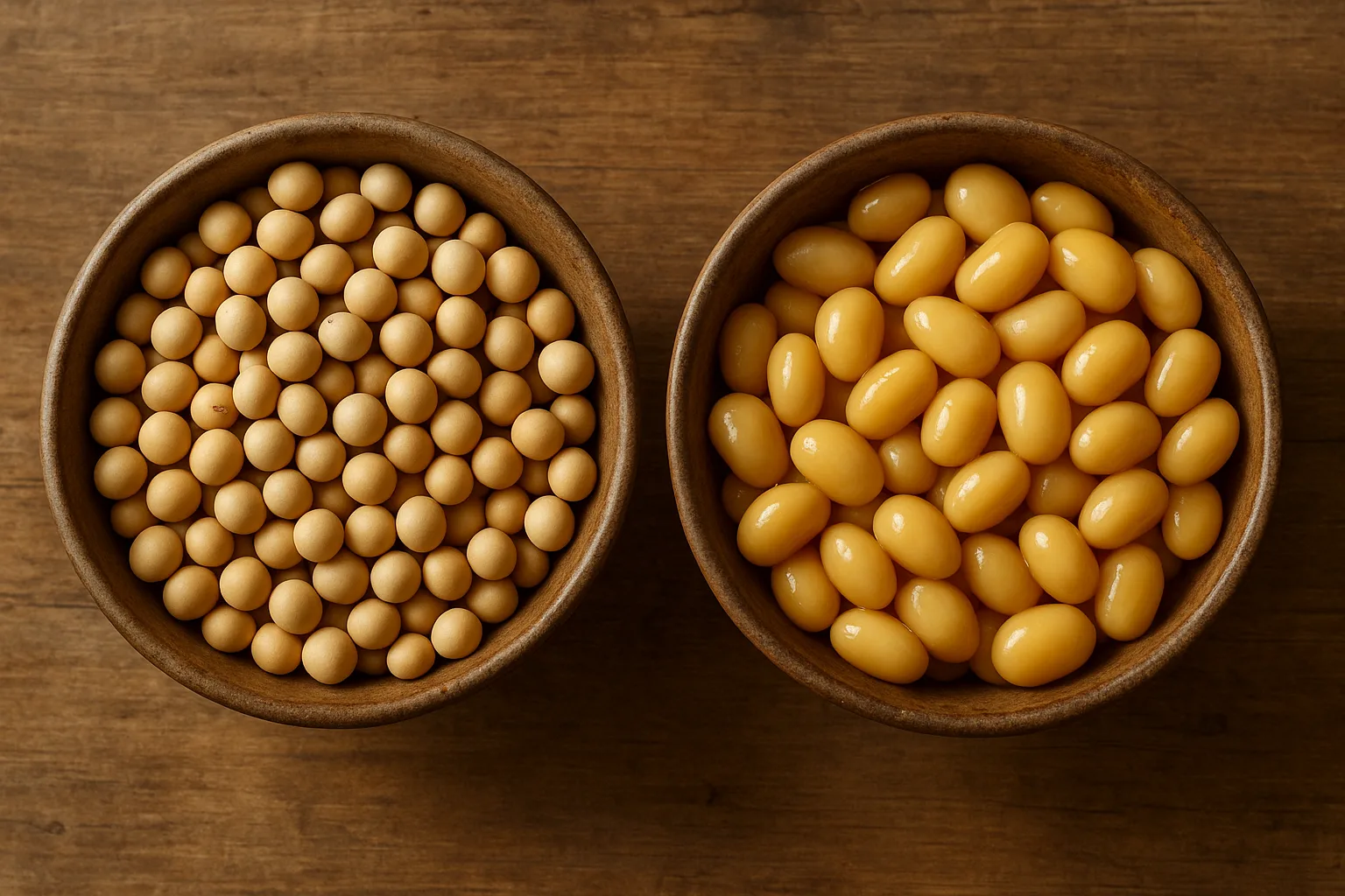 원목 테이블 위에 생콩과 부드럽게 삶아진 콩이 두 그릇에 나뉘어 담겨 있는 모습입니다.