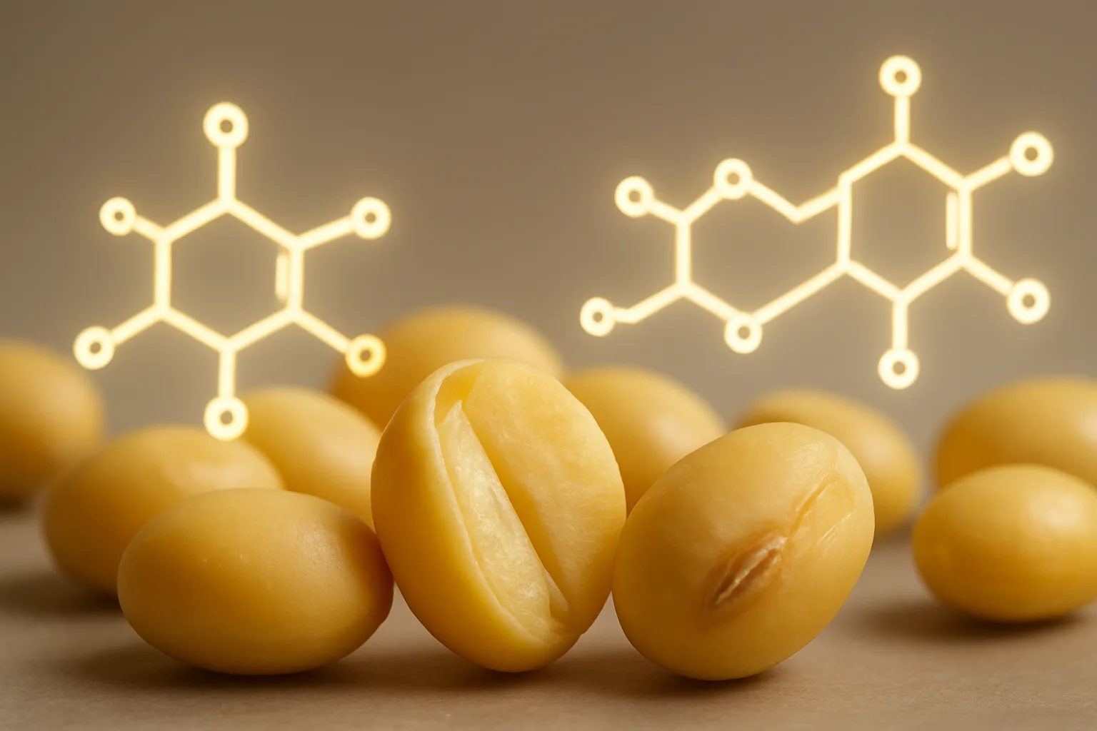 신선한 콩과 불포화지방산의 분자 구조를 입체적으로 나타낸 모형입니다.