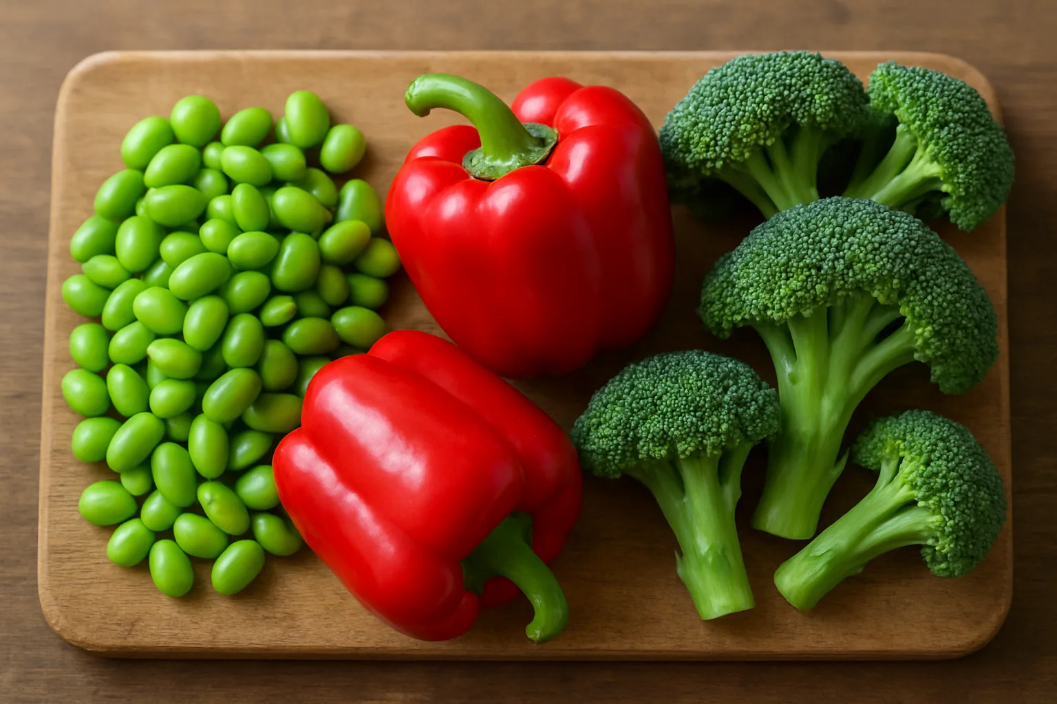 철분 흡수를 돕는 비타민 C가 풍부한 채소와 신선한 콩이 함께 있는 모습입니다.