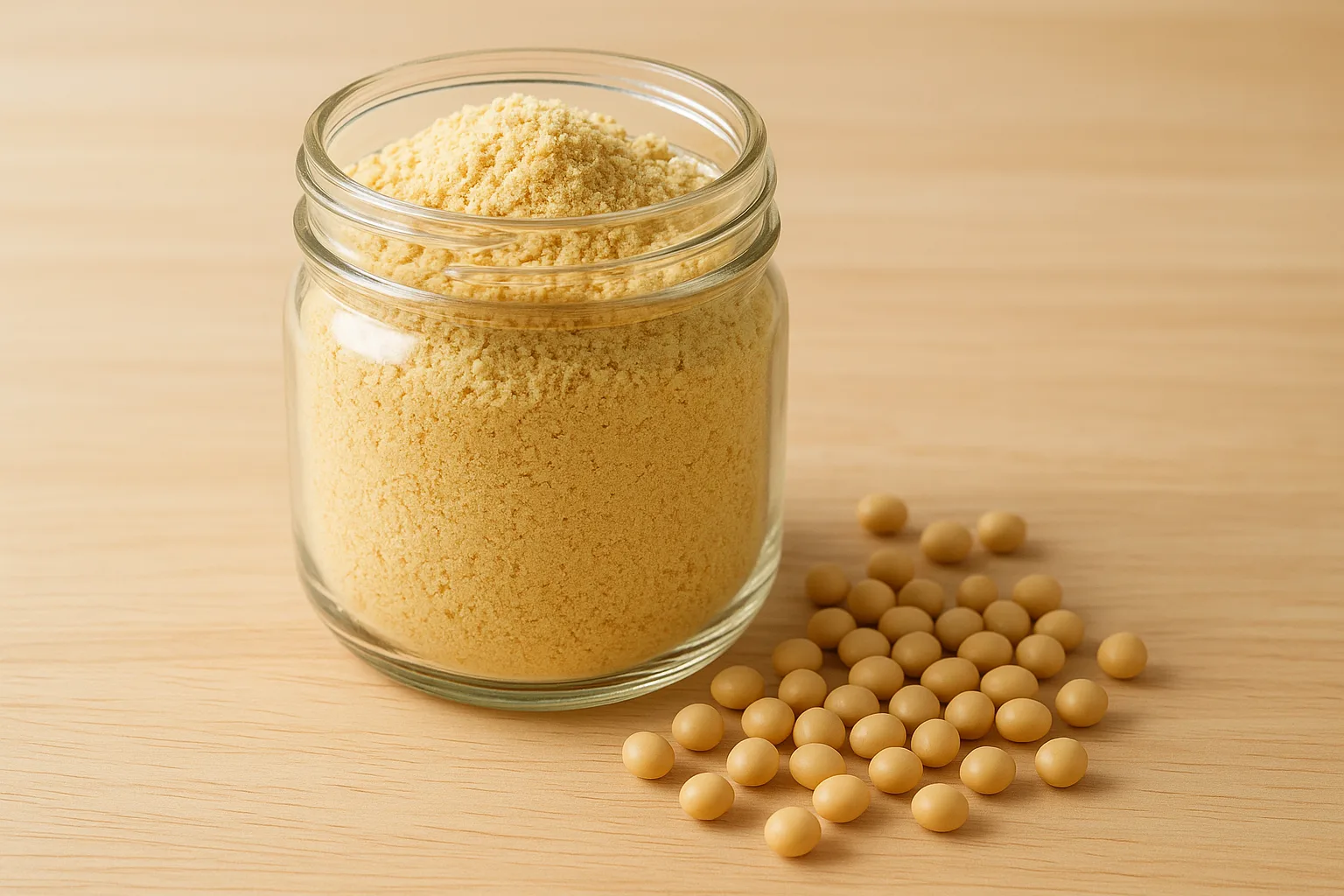 원목 테이블 위에 깨끗한 유리병에 담긴 고운 볶은 콩가루와 신선한 노란 콩이 함께 놓여 있습니다.
