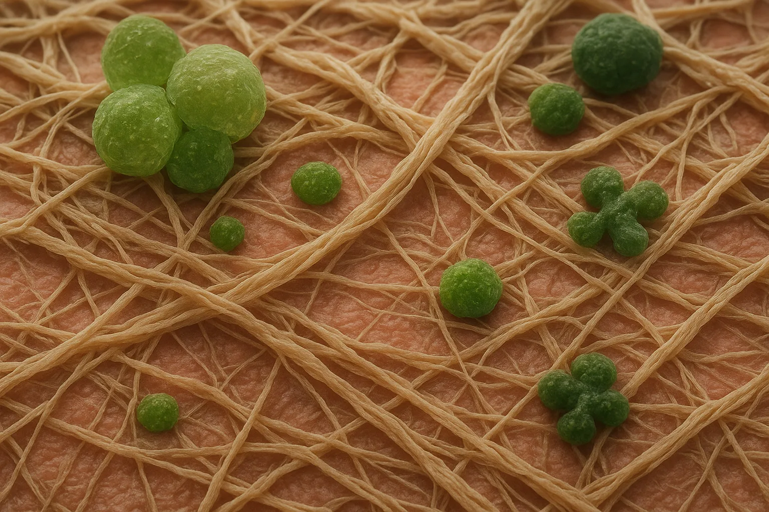 식물성 성분이 피부 조직의 콜라겐 섬유와 결합하는 과정을 보여주는 시각 자료입니다.