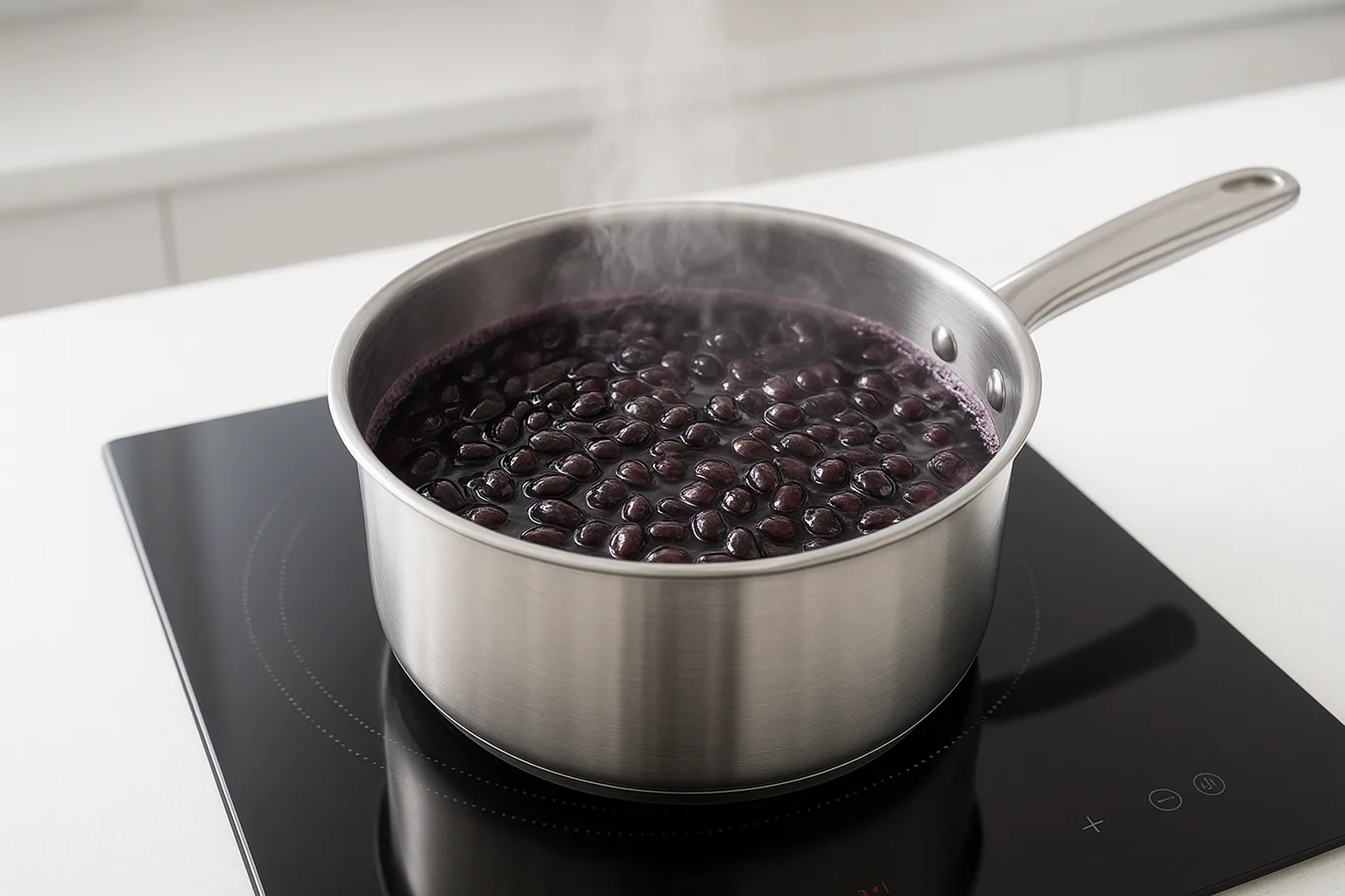 가스레인지 위 냄비에서 검은콩이 끓으며 보랏빛 항산화 성분이 물에 우러나오는 조리 과정입니다.