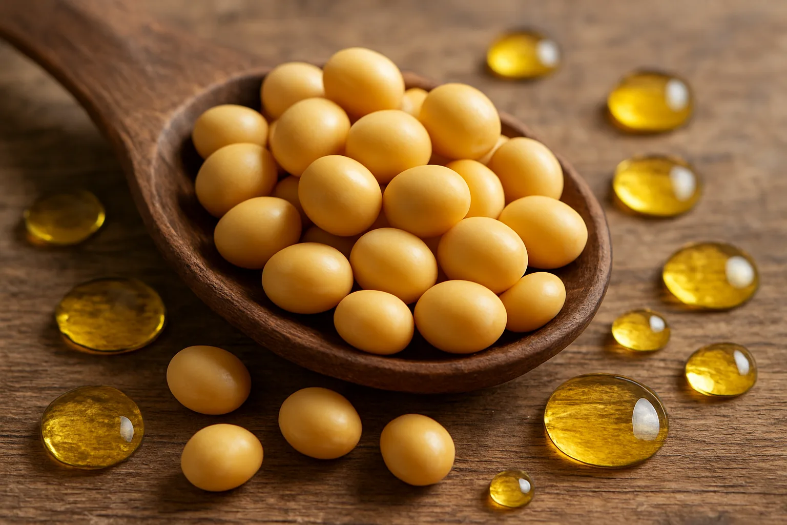 신선한 노란 대두와 그에서 추출된 맑고 투명한 식물성 오메가 오일이 나무 스푼에 담긴 모습입니다.