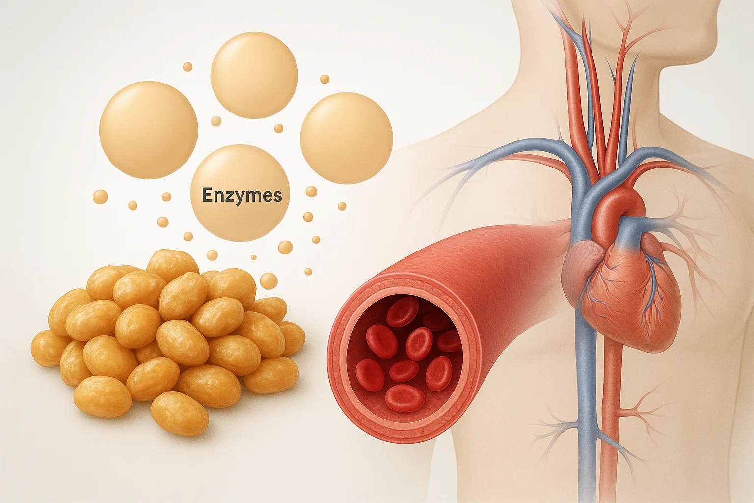 발효콩의 특정 효소가 건강한 혈관 유지에 도움을 주는 과정을 보여주는 시각 자료