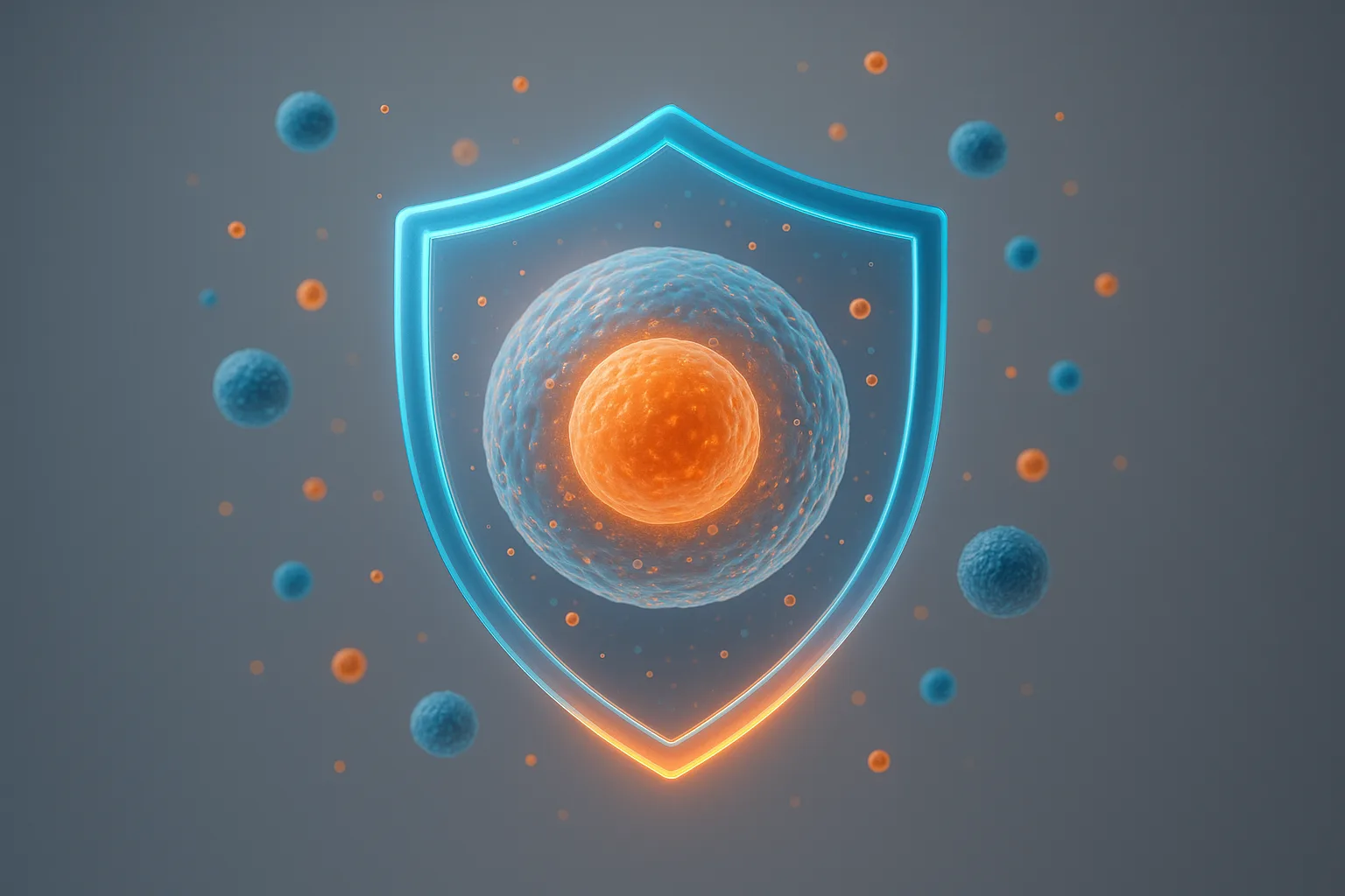 우리 몸의 세포를 보호하는 항산화 과정과 면역 체계의 방어 작용을 보여주는 추상적인 이미지입니다.