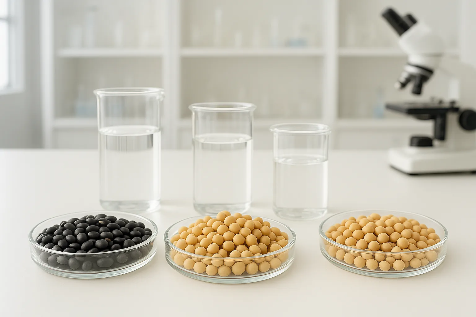 다양한 종류의 콩과 영양소 분석을 나타내는 투명한 유리 플라스크들이 놓여 있습니다.