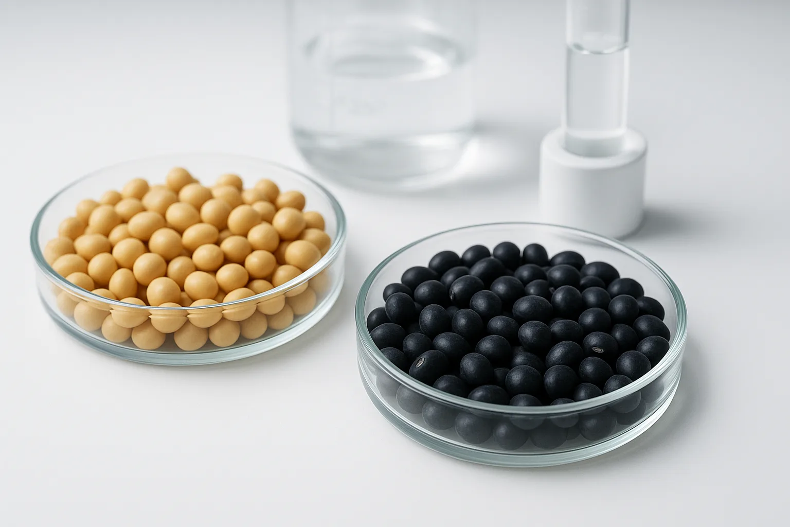 연구실 환경에서 노란 콩과 검은콩의 영양 성분을 정밀하게 분석하는 시각적 표현입니다.