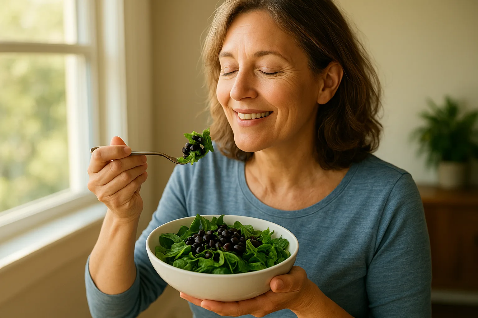 신선한 잎채소와 검은콩이 토핑된 샐러드를 섭취하며 눈 건강을 관리하는 중장년층의 모습입니다.