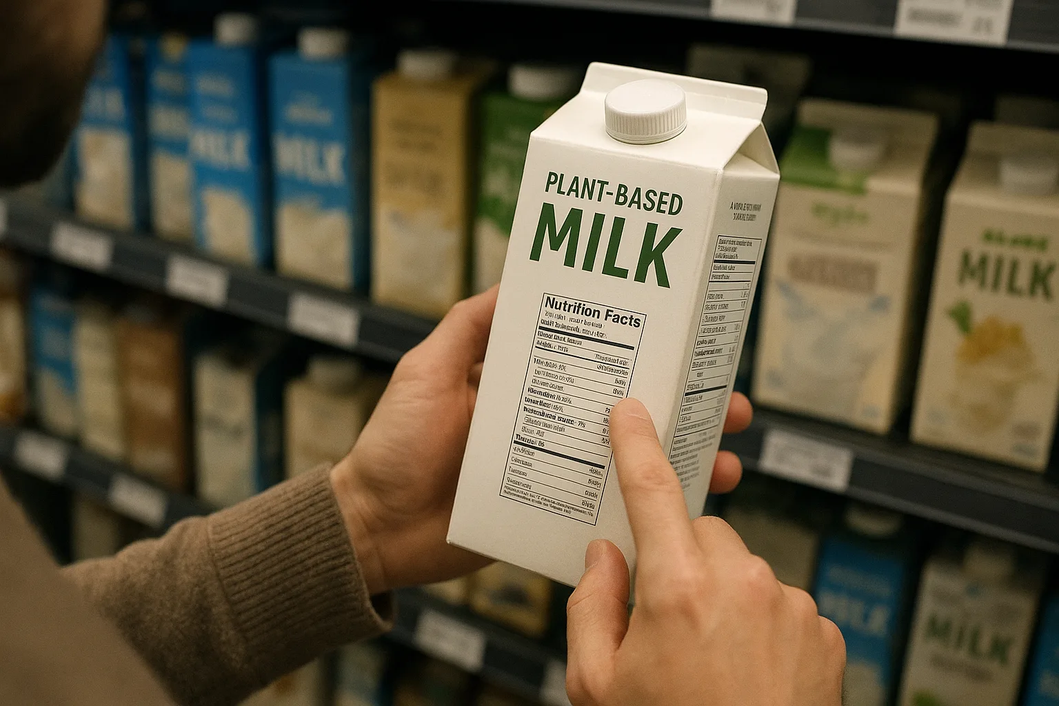 마트 진열대 앞에서 소비자가 두유 팩 뒷면의 영양 성분표를 꼼꼼하게 읽고 있는 모습입니다.