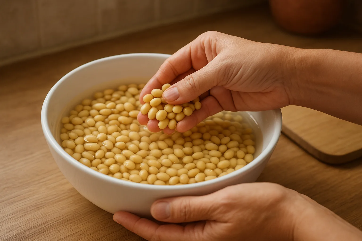 깨끗한 물이 담긴 도자기 그릇에서 콩을 여러 번 헹구어 불순물을 제거하는 손의 모습