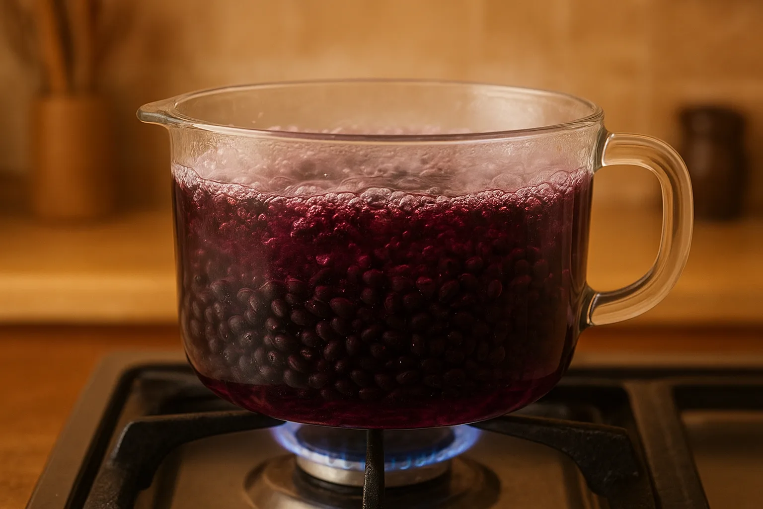 유리 냄비에서 검은콩을 끓이며 보랏빛 안토시아닌이 우러나오는 과정입니다.