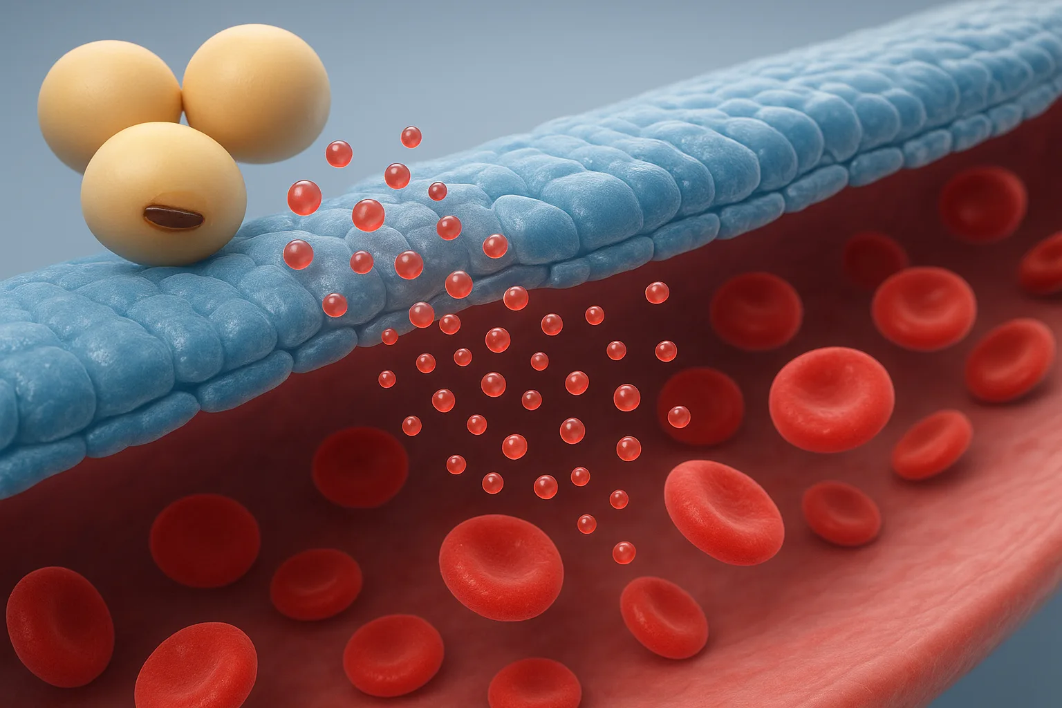 섭취된 콩의 이소플라본이 체내 세포에 흡수되어 혈관벽의 탄력을 돕고 염증을 억제하는 과정을 보여주는 3D 모델입니다.
