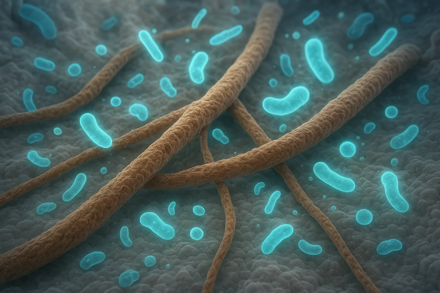 콩의 식이섬유가 대장에 도달하여 장내 유익균과 상호작용하는 과정을 표현한 과학적 이미지입니다.
