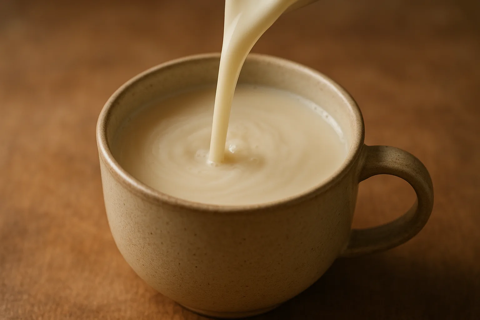 취침 전 소화 부담을 줄이기 위해 따뜻하게 데운 두유를 머그잔에 따르는 모습입니다.