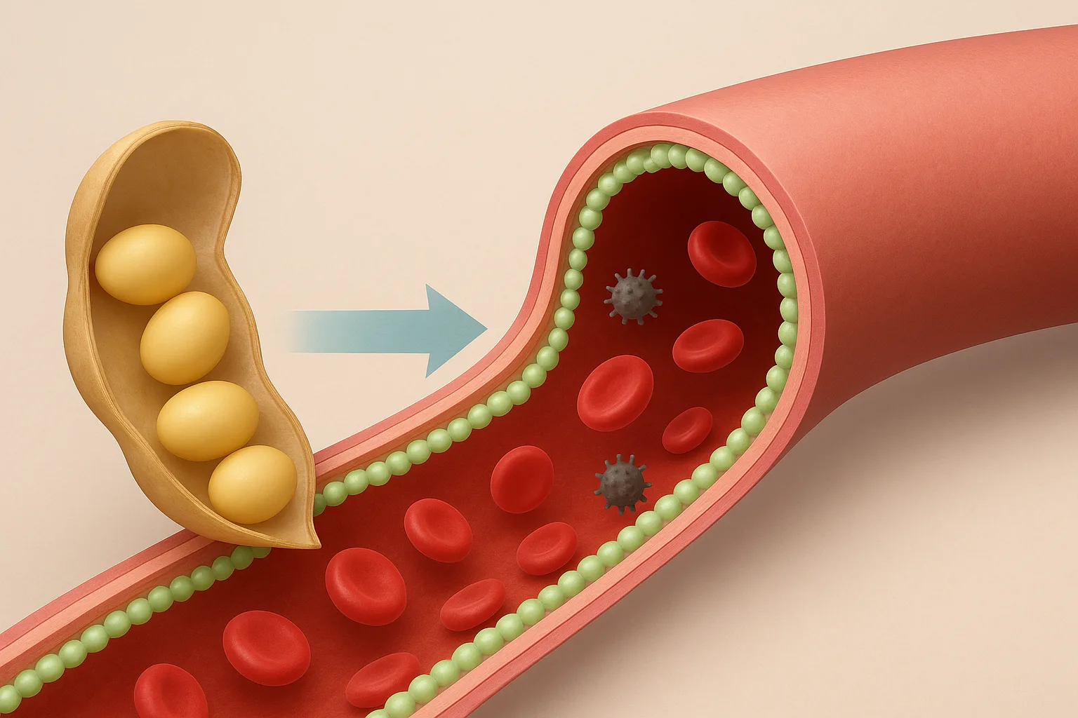 콩의 유익한 성분들이 혈관 내벽에 보호막을 형성하고 활성산소를 중화하는 과정입니다.