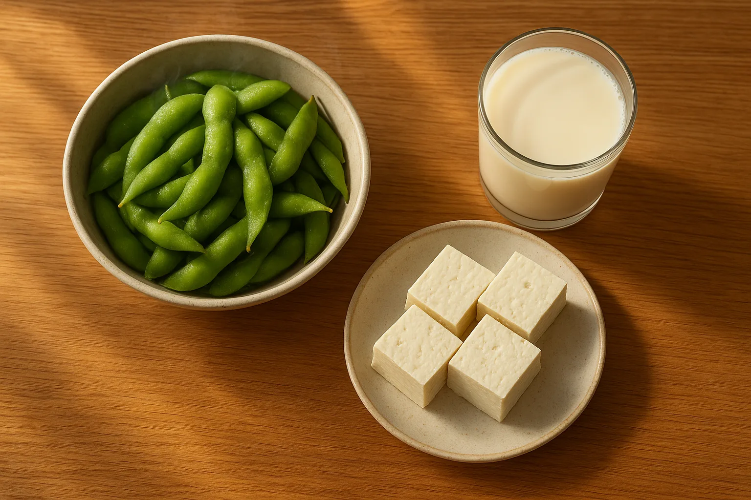 두부와 에다마메 등 콩을 주재료로 한 건강한 한식 밥상의 모습.