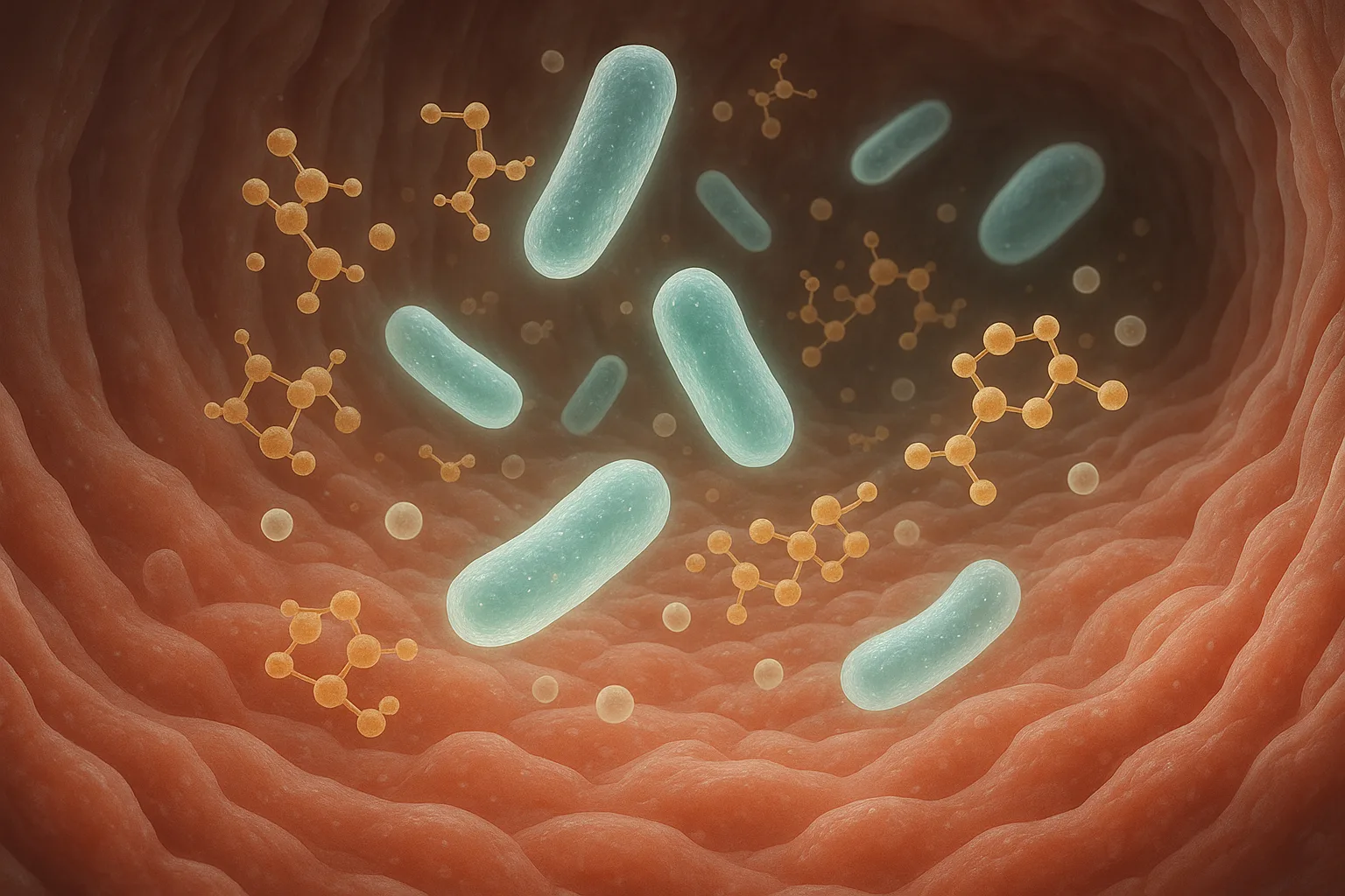 장내 유익균이 콩 올리고당을 흡수하고 발효시켜 건강에 유익한 단쇄지방산을 생성하는 대사 과정을 표현한 모습입니다.