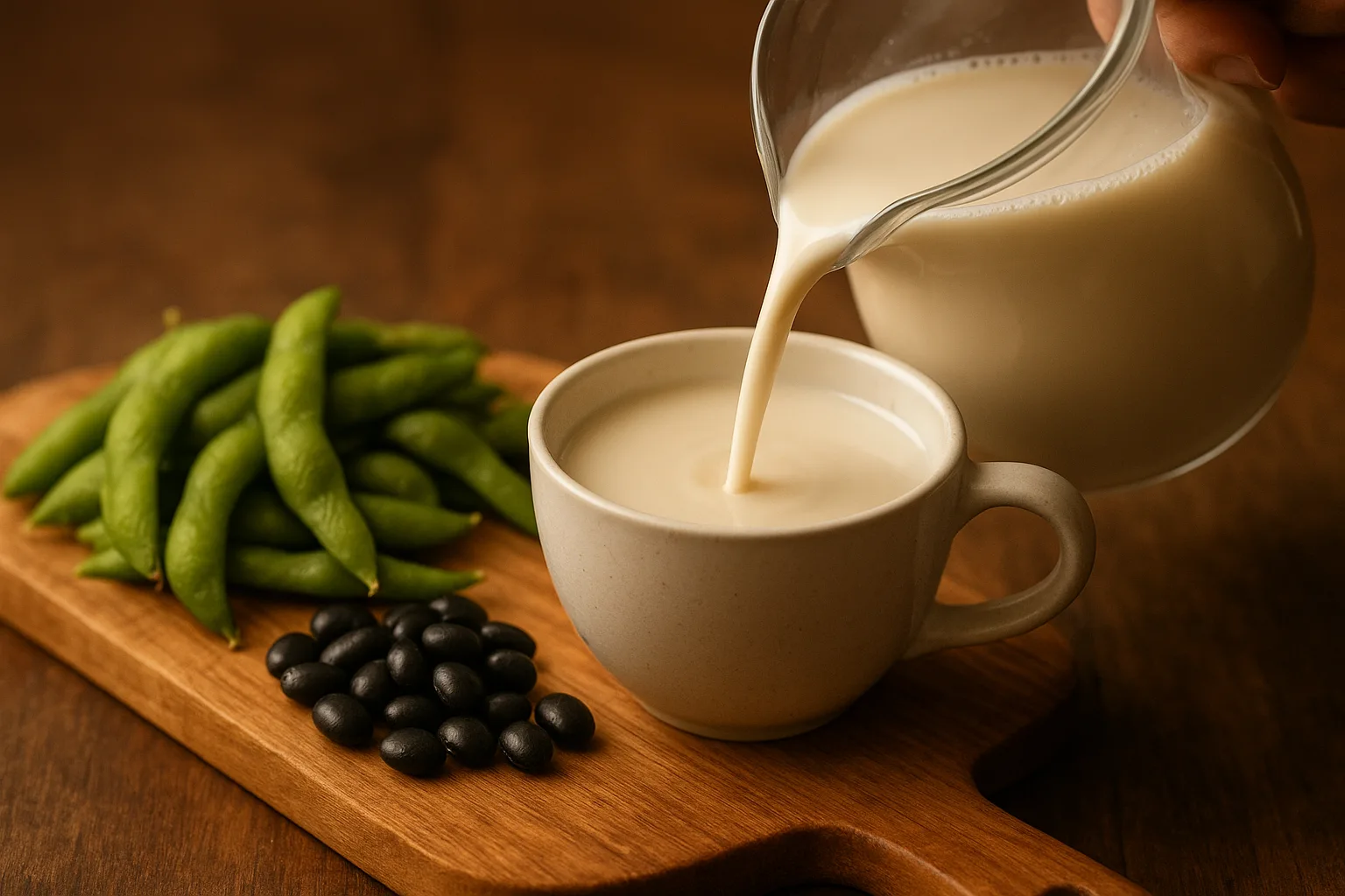 소화가 잘되는 두유를 컵에 따르고 삶은 콩을 접시에 담는 식단 구성 과정입니다.