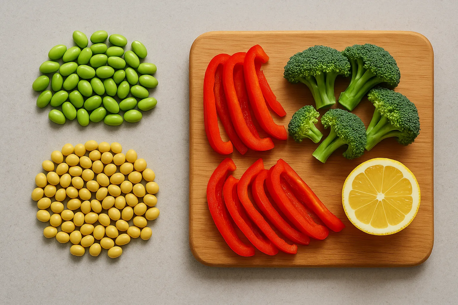신선한 콩과 비타민 C가 풍부한 채소들이 조리를 위해 주방 작업대 위에 준비된 모습입니다.