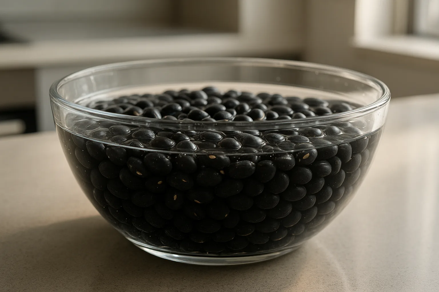깨끗한 유리 볼에 검은콩이 맑은 물에 담겨 충분히 불려지고 있는 조리 준비 과정입니다.