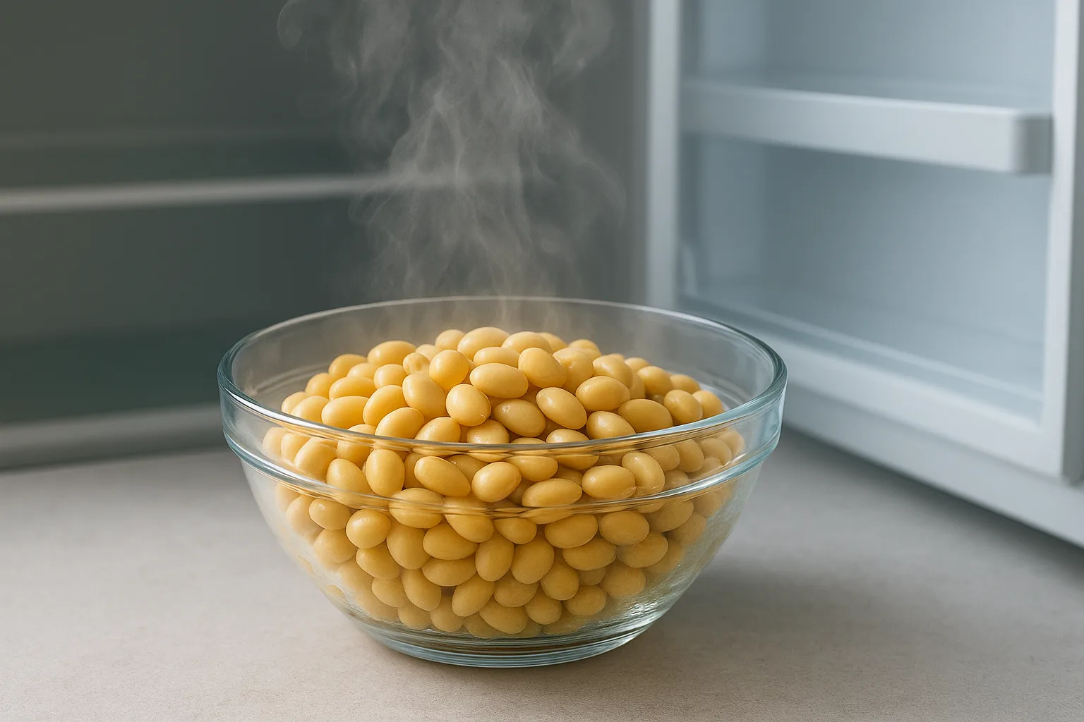 따뜻하게 삶아진 콩이 냉장고에서 차갑게 식으면서 내부 전분 구조가 단단하게 재배열되는 과정을 보여주는 모습입니다.