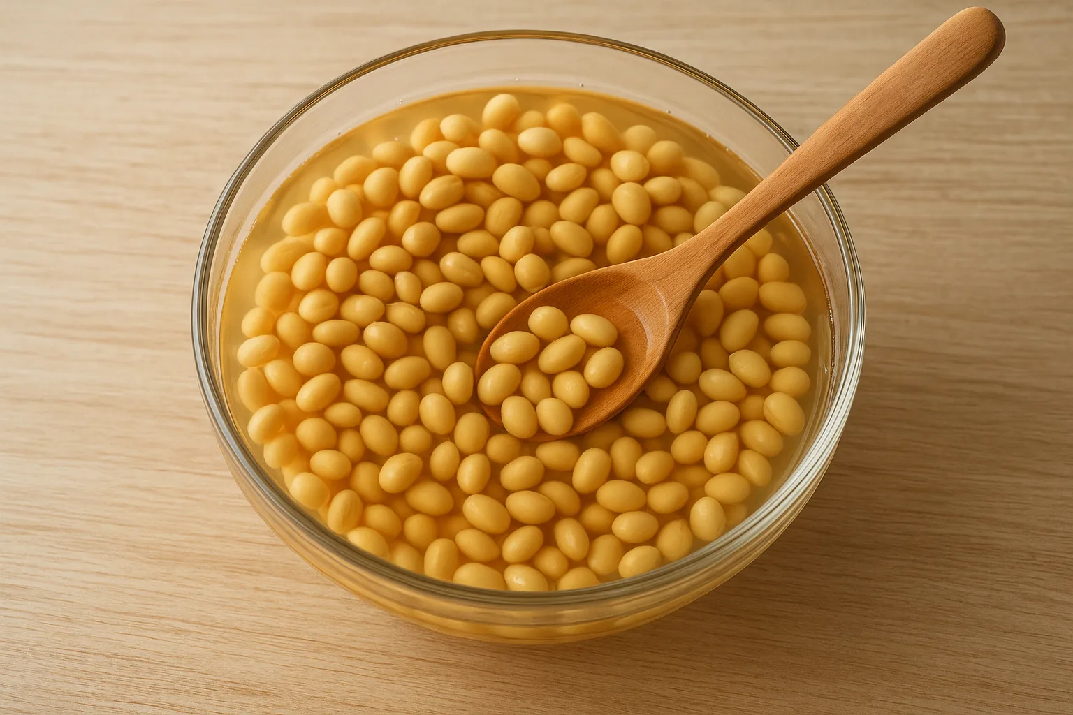 투명한 유리 그릇에 마른 콩을 담고 따뜻한 물과 소량의 소금을 넣어 불리고 있는 조리 준비 과정입니다.