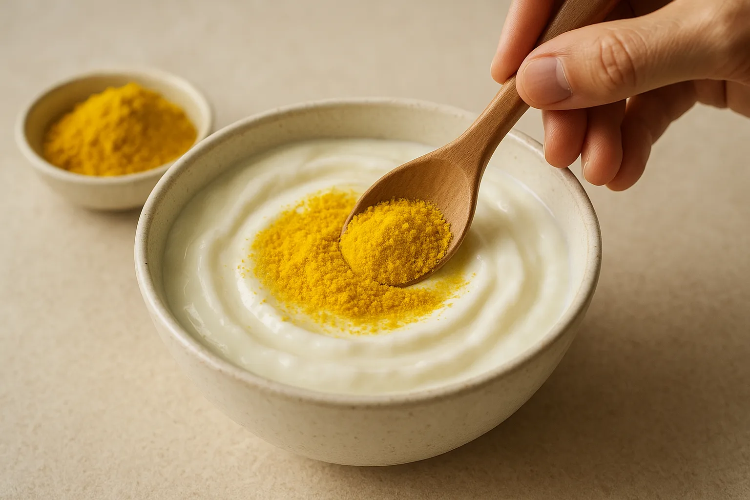 하얀 요거트가 담긴 그릇에 나무 숟가락으로 고소한 콩가루를 부드럽게 섞고 있는 장면입니다.