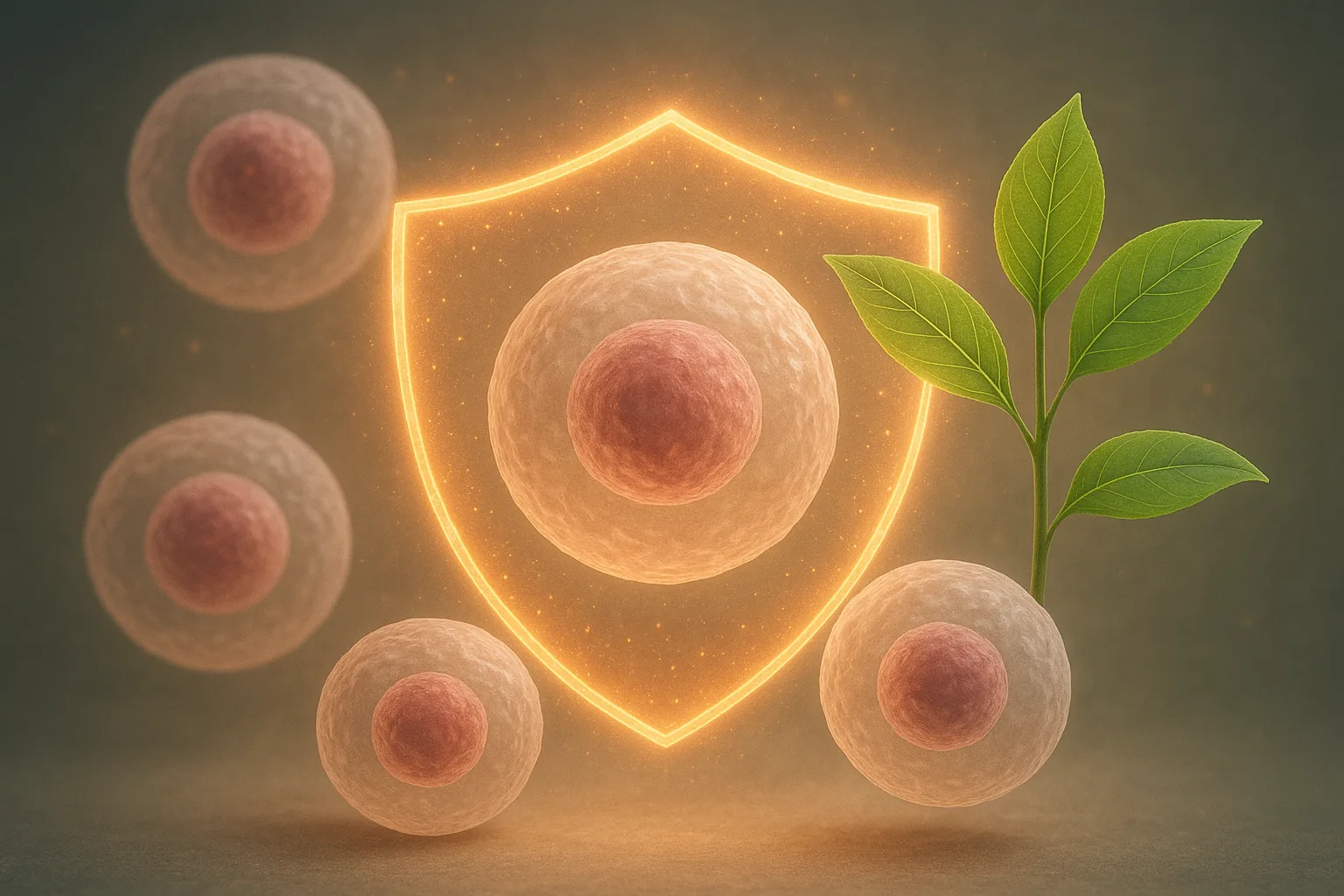 식물 유래 화합물이 인체 세포를 산화 스트레스로부터 보호하는 과정을 나타낸 과학적 렌더링입니다.