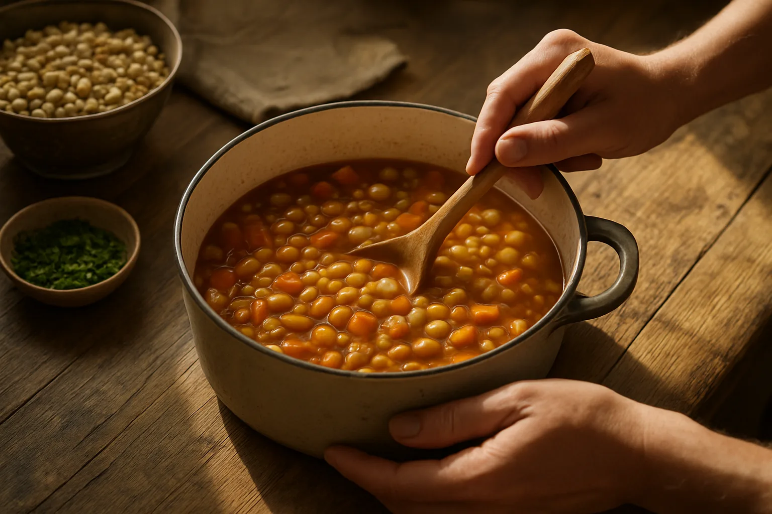 항염 성분이 풍부한 식물성 식재료인 콩을 조리하는 과정으로 건강한 식단 관리를 보여줍니다.